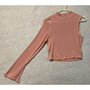 Feathers Top Womens Small Pink Asymmetrical Mock Neck Long Sleeve Cutout Shirt